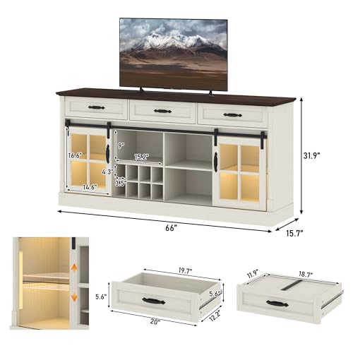 St.Mandyu 66" Sideboard Buffet Cabinet with Drawers, Farmhouse Buffet Table with Storage, Modern Coffee Bar Wine Bar Cabinet with Barn Doors for Kitchen, Dining Room, Living Room, White St.Mandyu