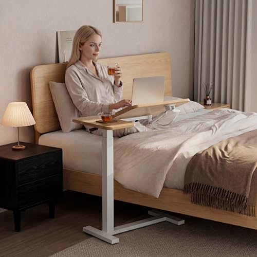 DONGMUWUJEE Solid Wood Overbed Bedside Table with Wheels, Tilting Adjustable Hospital Bed Table Over The Bed, Medical Mobile Laptop Stand, Rolling Standing Desk for Hospital and Home Use(Natural) DONGMUWUJEE