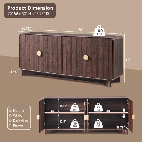 IFGET Modern Buffet Cabinet with Storage, 70" Large Sideboard Buffet Storage Cabinet with 4 Doors and Adjustable Shleves, Wooden Curved Coffee Bar for Dining Room, Kitchen, Living Room, Brown IFGET