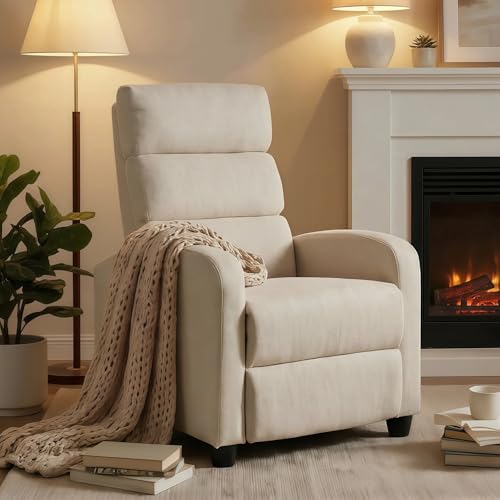 Furnimart Small Manual Recliner Chair for Small Spaces, Overstuffed Chenille Reclining Chair with Chunky Cushion, Comfortable Single Sofa Recliner for Adults, Living Room, Bedroom, Home Theater, Beige