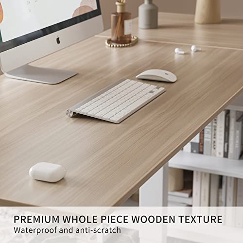 FEZIBO 66 Inch Executive L Shaped Standing Desk, Electric Height Adjustable Stand up Desk with 2-Drawer File Cabinet, Home Office Modern Wood Computer Desk with Shelves, White Frame/Light Walnut Top FEZIBO