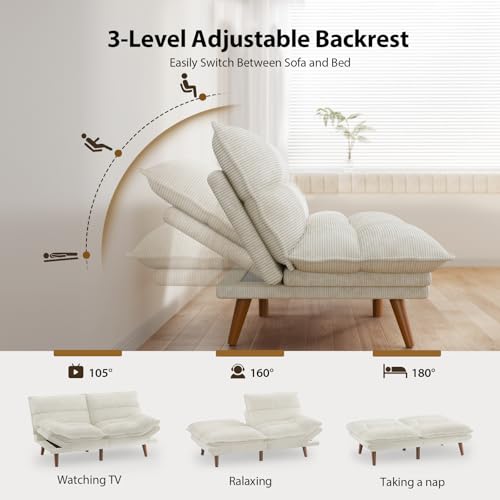Pipishell Futon Sofa Bed, Convertible Futon Adjustable Backrest & Armrests, Corduroy Sleeper Couch for Small Spaces, Living Room, Office, Guest Room (Pearl White, 66 Inch) Pipishell