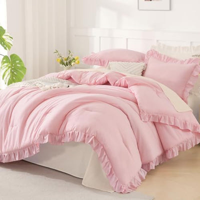 Andency Pink Comforter Set Queen Size, 3 Pieces Solid Pink Ruffle Shabby Chic Comforter Set for Queen Bed, All Season Vintage Rustic Soft Microfiber Bedding Set for Women Girls