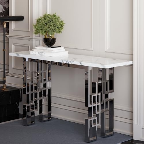 AUZ 55" White and Silver Console Table, Luxury Living Room Sofa Table, Modern Rectangle Console Table for Entryway, Living Room, Office, Foyer, Front Hall, Hallway AUZ