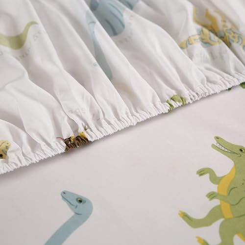 MAG 3PCS White Dinosaur Queen Size Bedding Sheet Sets Included 1*Fitted Sheet and 2 Pilowcase for Kids, Boys and Girls (Queen, White) MAG