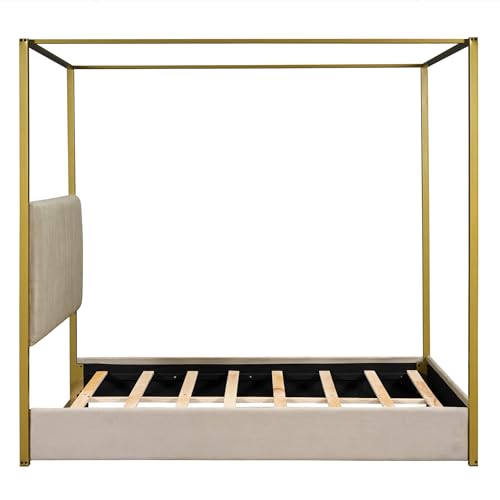 LUMISOL Queen Size Metal Canopy Bed Frame, Upholstered Four-Poster Platform Bed Frame with Headboard, Morden Low Profile Platform Beds, No Box Spring Needed, Beige