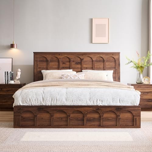 ACCOHOHO King Size Bed Frame Modern with 52" Tall Arched Recessed Headboard and 4 Drawers, Solid Wood Slats Support, Wood Platform, Noise Free, No Box Spring Needed, (Brown) ACCOHOHO
