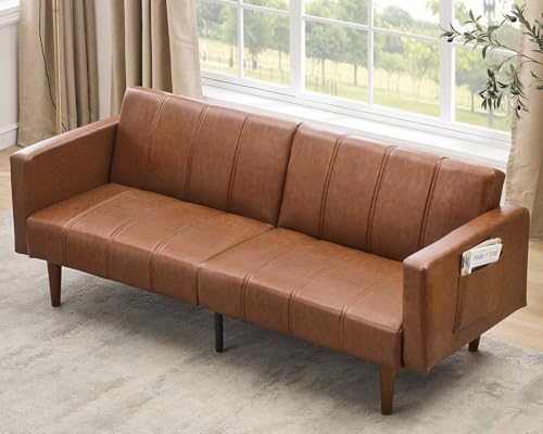 GarveeHome 75 in Futon Sofa Bed Mid-Century Futon Couch, PU Leathe Convertible Sleeper Couch with Adjustable Backrest, Loveseat and Side Pockets for Living Room & Bedroom (Brown) GarveeHome