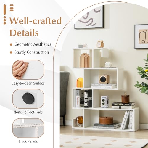 Tangkula 5-Tier S-Shaped Bookshelf – Modern Geometric Display Rack in White for Home & Office Tangkula