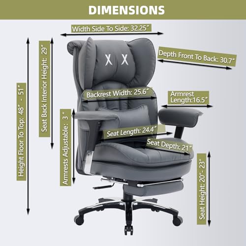 Efomao Big and Tall Office Chair with Footrest – High Back Computer Chair with Adjustable Armrests,Executive Office Chair with Wide Seat, Modern Desk Chair for Home Office, Gaming, or Study, Grey Efomao