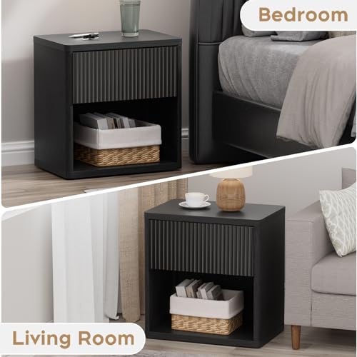 Yechen 22.8" W Black Nightstand Set of 2 with Hidden Drawers and Open Shelves, Mid Century Modern Nightstand Curved Profile, Large Wood Fluted Night Stand, Accent Bedside End Table Yechen