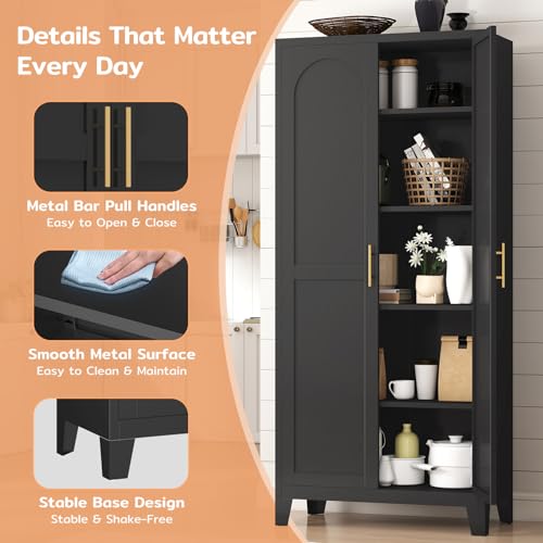 Zevemomo 70.87" H Metal Kitchen Pantry Cabinet, Freestanding Cupboard with 2 Doors and 4 Adjustable Shelves, Tall Metal Storage Cabinet for Kitchen, Bathroom, Dinning Room or Laundry Room (Black) Zevemomo