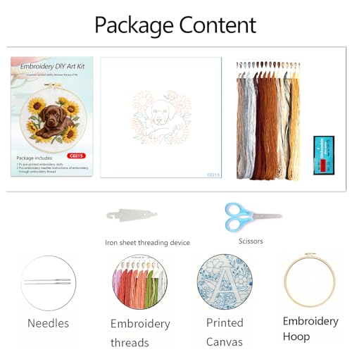 Zhenqing Labrador Embroidery Kit for Beginners, Pre-Printed 29x29cm Circular Cotton Fabric with 20cm Hoop, Cute Dog with Sunflowers Design for Home Decor (C0215)