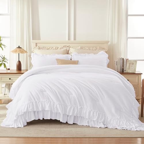 Andency White Comforter Set Queen Size, Lightweight Fluffy Farmhouse White Ruffle Bedding Set, Soft Microfiber All Season Shabby Chic Bed Comforter Set 3 Pieces(1 Ruffle Comforter 2 Pillowcases) Andency