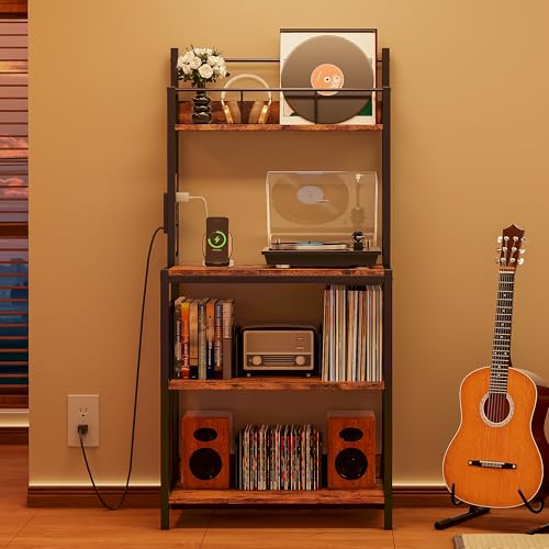IRONCK Record Player Stand, 2-Tier Vinyl Record Storage, Large Record Player Table with Charge Station, Turntable Stand with Record Rack Holds Up to 300 Albums for Living Room IRONCK