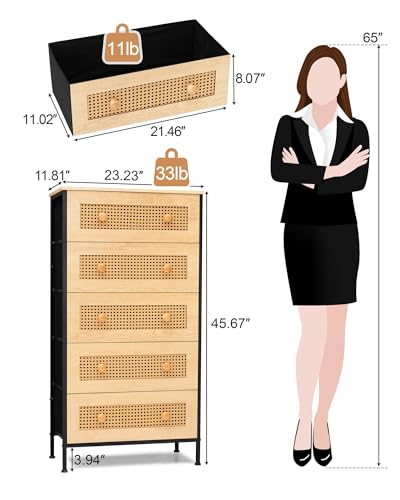 Crestlive Products Rattan Dresser Storage Tower, Tall Fabric Dresser, Chests of Drawers, Wood Top &Wood Handles - Organizer Unit for Bedroom, Hallway, Entryway, Closets - 5 Drawers (Natural) Crestlive Products
