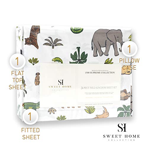 1500 Supreme Kids Bed Sheet Collection - Fun Colorful and Comfortable Boys and Girls Toddler Sheet Sets - Deep Pocket Wrinkle Free Soft and Cozy Bedding - Twin, Wild Animal Sweet Home Collection