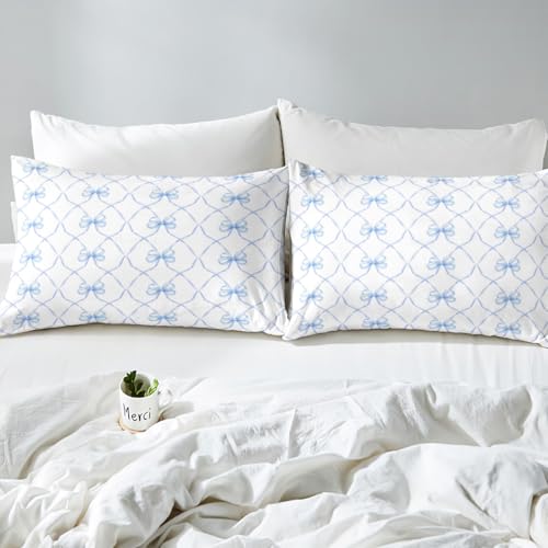 Erosebridal Bowknot Bed Sheets Set King Bow Knot Sheet Set for Kids Butterfly Knot Bow Tie Sheets Aesthetic Coquette Bedroom Decor Geometric Cartoon Blue Flat Fitted Sheet Erosebridal
