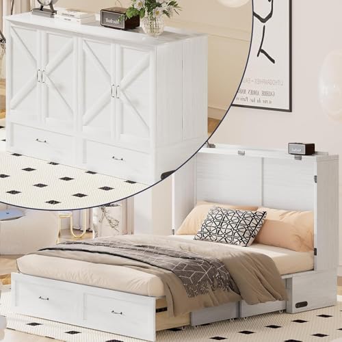 ijuicy Queen Size Murphy Bed with Mattress Included, Farmhouse Murphy Cabinet Bed with Multifunctional Charging Station & Storage Drawers,Space-Saving Hideaway Bed for Guests-Pure White,with Mattress