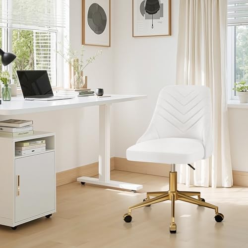 VECELO Velvet Vanity Desk Chair with Height-Adjustable for Office Living Room Bedroom Make Up Study, 360°Swivel, Wheeled Gold Base, White VECELO
