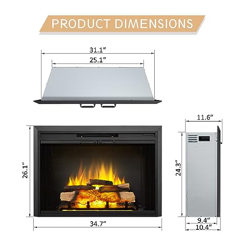 LegendFlame® Damon 35" W Electric Fireplace Insert with Glass Door and Mesh Screen (EF264B), Fireplace Heater 750/1500W, Fire Crackling Sound, Remote Control. Legend Flame