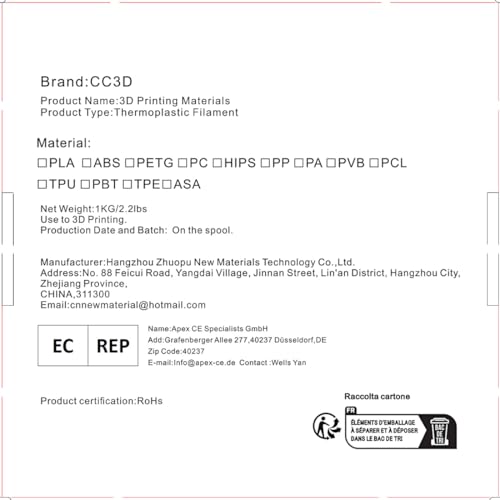 CC3D Pro ABS Filament Black 1.75 mm 1KG 3D Printer Better Adhesion ABS Filament Black Color Lower Warpage FDM 3D Printing Materials CC3D