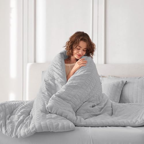 MUXHOMO 7 Pieces Queen Comforter Set, Seersucker Bed in a Bag Queen Size, All Season Luxury Bedding Set with Comforter, Flat Sheet, Fitted Sheet, Pillowcases & Shams, Light Grey MUXHOMO