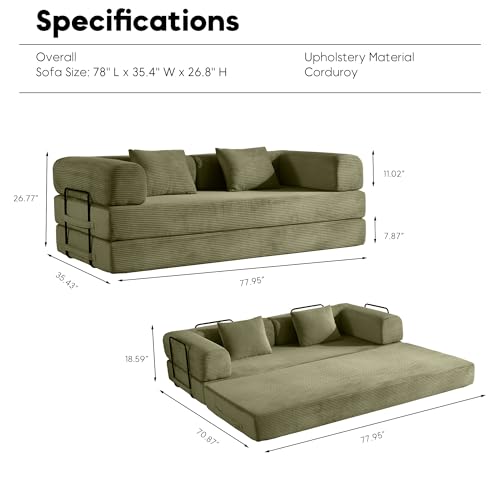 ZEIINPA Convertible Folding Couch Bed, Comfy Corduroy Sleeper Floor Sofa Bed with Fixed-Shape Frame, Floor Sofa with Armrest, Lounge Couch for Living Room Bedroom Lounge Studio, Green ZEIINPA