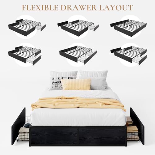SHA CERLIN Full Platform Bed Frame with 2 Large Storage Drawers - Heavy Duty Metal & Rustic Wood, Noise-Free, No Box Spring Needed, Black SHA CERLIN