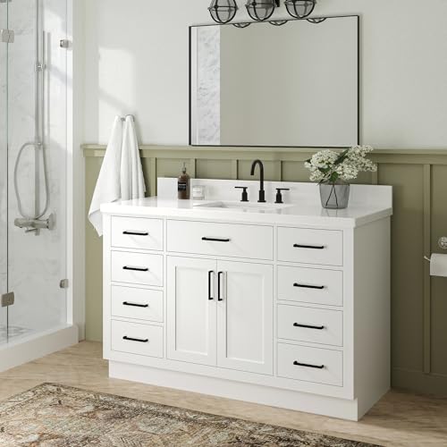 ARIEL Hepburn 55" White Bathroom Vanity with Sink, 1.5" Edge Pure White Quartz Countertop & Splash, Rectangular Sink, 2 Soft Closing Doors, 8 Full Extension Dovetail & 1 45-Degree Tilt Drawers ARIEL