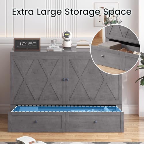 PUREMIND Murphy Bed Queen with Tri-Fold Mattress, Modern Murphy Cabinet Bed with USB Charging Station & Large Storage Drawer, Space-Saving Full Foldable Platform Bed for Guest Bedroom (Gray) PUREMIND