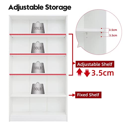 5-Shelf White Wooden Bookcase for Home, Office, and School Display Sunon