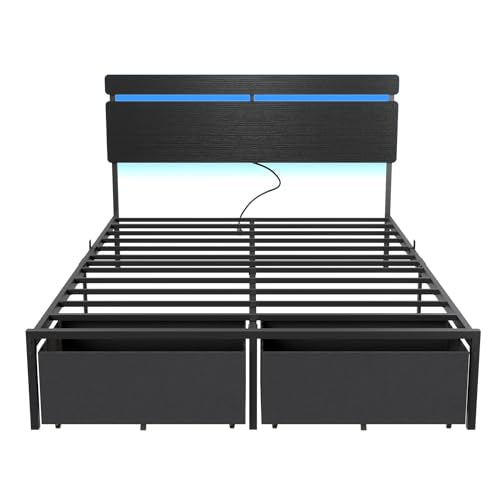 Forestell Full Size Bed Frame with Wood Headboard, Black Platform Bed with 2 Storage Drawers & Shelf, Built in Charging Station & LED Lights, Metal Support, No Box Spring Needed, Camas Full Forestell