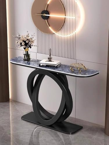 Modern Geometric Console Table with Easy-to-Clean Sintered Stone Top, Narrow Entryway Sofa Table for Hallway, Living Room, Foyer, Entrance(Brown+White,39.3"/100cm) wihgony