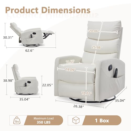 cinkehome Swivel Rocker Recliner Chair, Upholstered Nursery Glider Recliner Chair with Heated Massage, High Back, Side Pocket (White PU Leather)