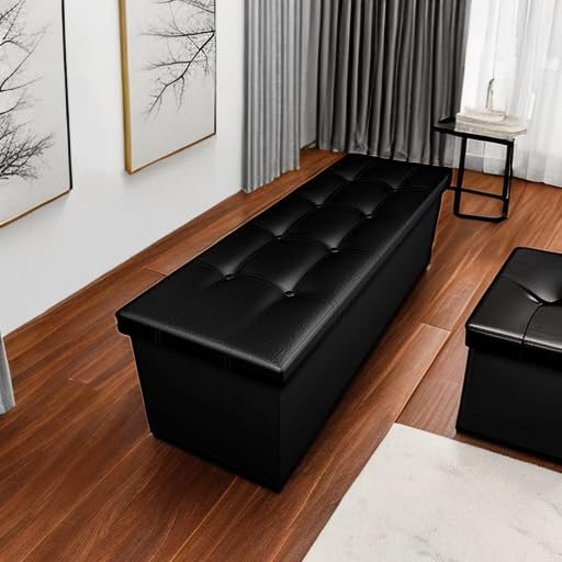 Camabel 43 Inch Folding Storage Ottoman Bench 125L Hold up 700lbs Ottoman with Storage Chest Foam Seat Padded Foot Rest Stool Faux Leather Bedroom Bench with Storage Coffee Table Black Camabel