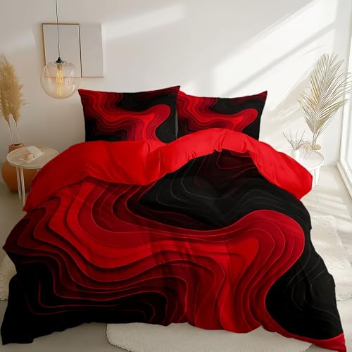 Aesthetic Bedding Red Duvet Cover Single Size, Reversible Modern Curves Minimalist Bedding Set 3 Pcs – Soft Microfiber Comforter Cover with 2 Pillow Shams Generic