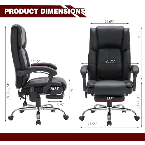 SleekJtre Massage Office Chair with Heat,Executive Desk Chairs with Foot Rest, Reclining Chair Big and Tall for Heavy People,4 Points Vibration 500lbs,Adjustable Lumar Support Black SleekJtre