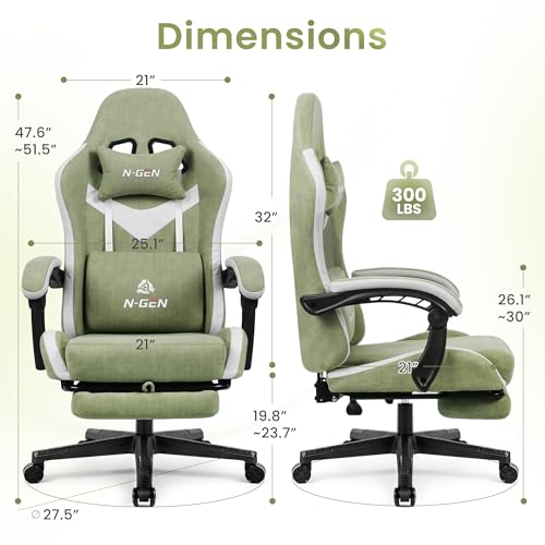 N-GEN GAMING Video Gaming Chair with Footrest Lumbar Support for Home Office High Back Recliner Height Adjustable Ergonomic Comfy Fabric Computer Desk Chair (Green)