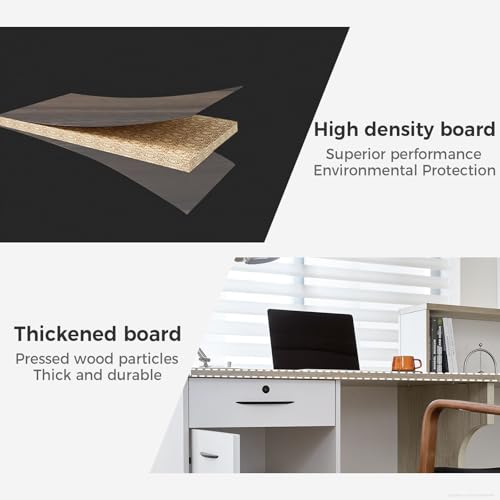 Huariifowm 110" L-Shaped Reception Desk with Counter, Drawers, Open Shelves and Keyboard Tray, Modern Front Desk for Office Reception Area, Oak+Warm White, Right Cabinet Huariifowm