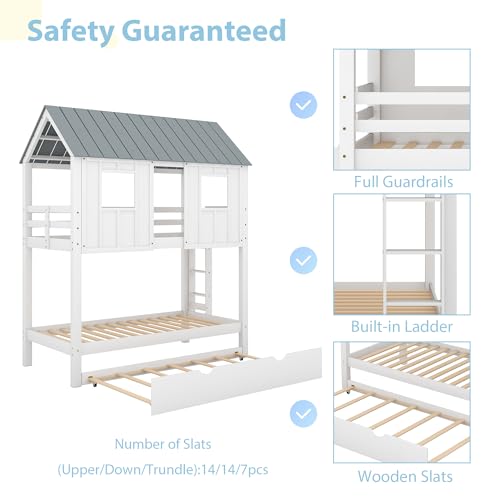 Merax Twin Over Twin Bunk Bed with Trundle,Roof and Windows,House-Shaped Wood Bunk Bed for with Built-in Ladder and Guardrail for Girls,Boys,White+Grey Merax