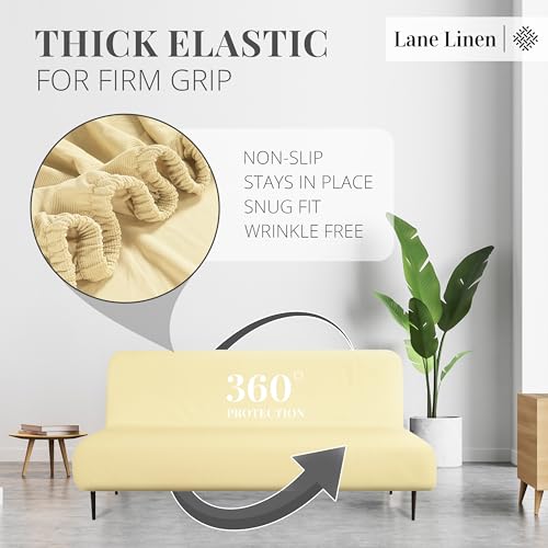 LANE LINEN Armless Futon Cover - Easy to Install Stretch Sofa Bed Slipcover, Soft Elastic Textured Full Size Cover, RV Couch Protector, Machine Washable - Pearl Ivory LANE LINEN