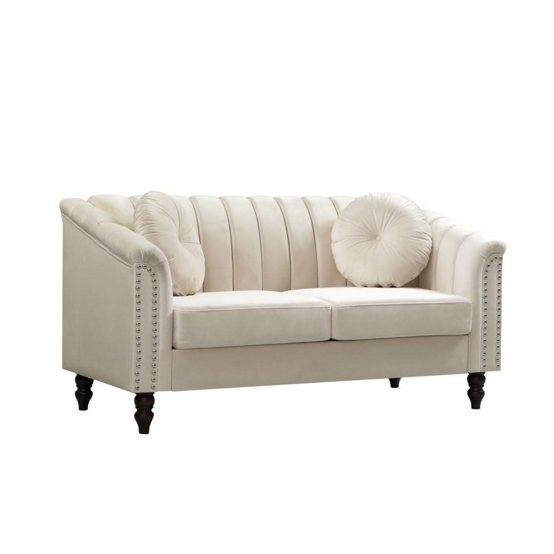 UOCFYK 60" Loveseat Sofa, Microfiber Chesterfield Upholstered Sofas Love Seat, Couch Chair Sets with Style Button Tufted, Scroll Arms and Nailhead for Living Room, Office, White UOCFYK