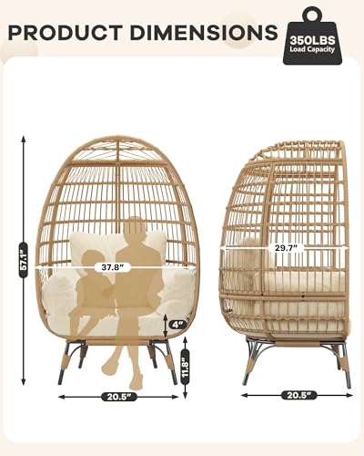 PeacefulHues Oversize Wicker Egg Chair with Plush Cushion, Rattan Egg Basket Lounge Chair Winter Egg-Shaped Chair w/Steel Frame and 4 Cushions for Patio, Porch, Beige PeacefulHues
