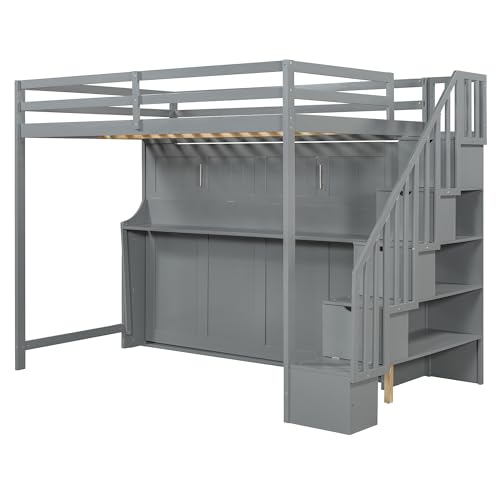Merax Full Over Full Size Murphy Bed with Hydraulic Lift and Built-in Desk, Space-Saving Wall Bed with Desk Design, Ideal for Home Office, Small Rooms, or Apartments, Gray Merax
