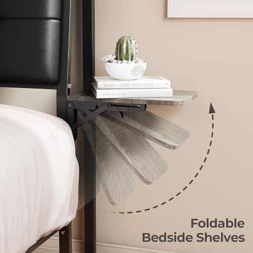 Salamir Twin Floating Bed Frame with LED & Charging Station, Ergonomic Upholstered Headboard with Folding Shelves Storage, Metal Slats, No Box Spring Needed, Easy Assembly, Noise-Free, Black Leather Salamir