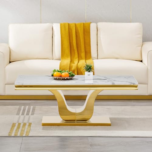 SSLine Modern White Marble Coffee Table with U-Shape Gold Stainless Steel Base Luxury Faux Marble Cocktail Center Table for Living Room Bedroom Home Office (1 Coffee Table) SSLine