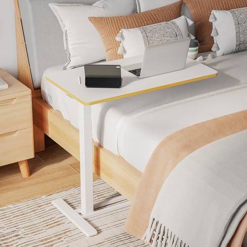 SANODESK Medical Adjustable Overbed Bedside Table with Hidden Casters, Pneumatic Mobile Laptop Computer Standing Desk Cart Overbed Table with Tray, Hospital and Home Use(27.6" W x 15.7" D, White) SANODESK