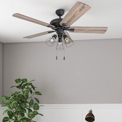 Prominence Home Lincoln Woods, 52 Inch Industrial Style LED Ceiling Fan with Light, Pull Chain, Three Mounting Options, 5 Dual Finish Blades, Reversible Motor - 50581-01 (Bronze) Prominence Home