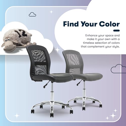 Serta Essential Armless TaskChair, Small Desk Chairs with Wheels, Breathable Mesh Back and Faux Leather, Quality Foam Cushion Seat for Comfort, Minimal Design for Vanity Table, Black Serta